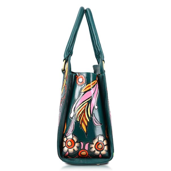 Handbemalte Satchel-Tasche aus 100% Echtleder mit kunstvoller Pr&auml;gung und Blumen-Design, 31x10x23cm, Gr&uuml;n image number 6