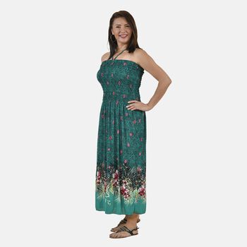 TAMSY - Gesmoktes Maxi-Kleid, Sommerkleid, Pfaunmuster, gr&uuml;n
