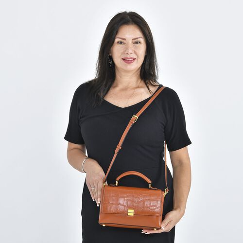 Cabrio Handtasche mit Krokoprägung aus echtem Leder, 25x8x15 cm, Braun image number 1