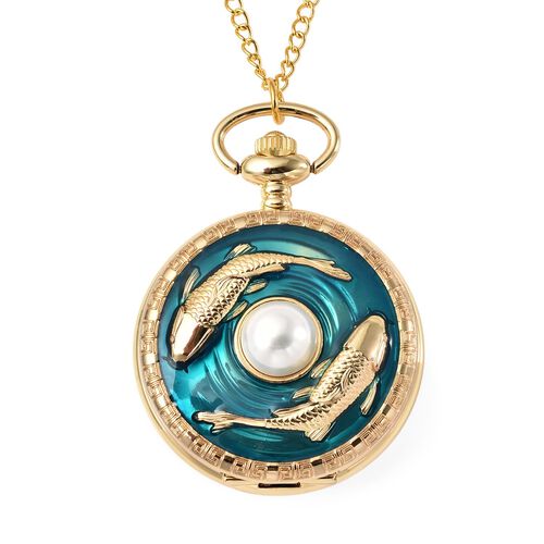 STRADA Taschenuhr mit Doppel-Koi-Motiv und weißer Muschelkernperle, Japanisches Quarzwerk, Goldplattierung, inkl. 78,7cm Kette image number 0