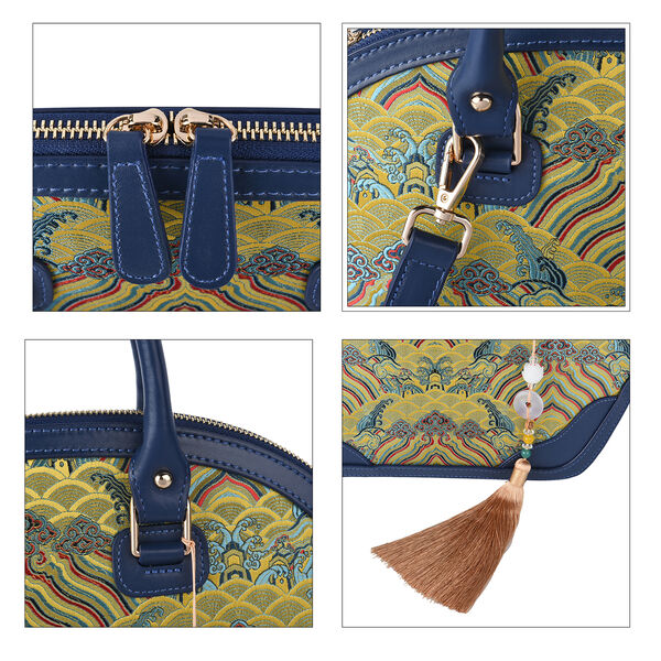 Brokat-Handtasche mit 100% Leder-Griffen, mit Jade-Quaste, Wellen-Muster, Gelb image number 4