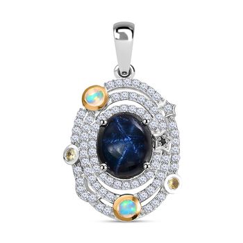 AA Diffundierter Stern blauer Saphir, Nat&uuml;rlicher, &auml;thiopischer Welo Opal Anh&auml;nger 925 Silber rhodiniert ca. 7,09 ct.