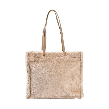 Ger&auml;umige & leichte Kunstfell-Schultertasche mit Schulterriemen, 44x36x16cm, Beige