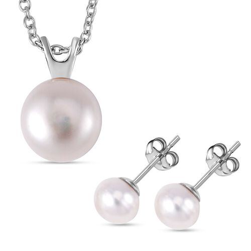 2er Set - Weiße Süßwasser Perle Ohrringe und Anhänger mit Kette, 925 Silber rhodiniert und Edelstahl image number 0