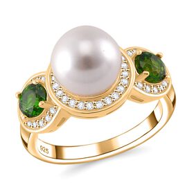 Weiße Muschelkernperle, Natürlicher Chromdiopsid Ring 925 Silber vergoldet (Größe 17.00)