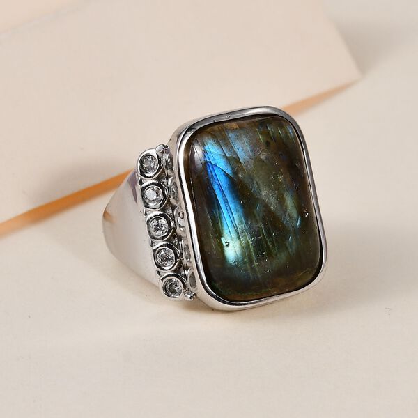 Labradorit, Wei&szlig;er Zirkon Ring, Edelstahl (Gr&ouml;&szlig;e 16.00) ca. 14.70 ct image number 2