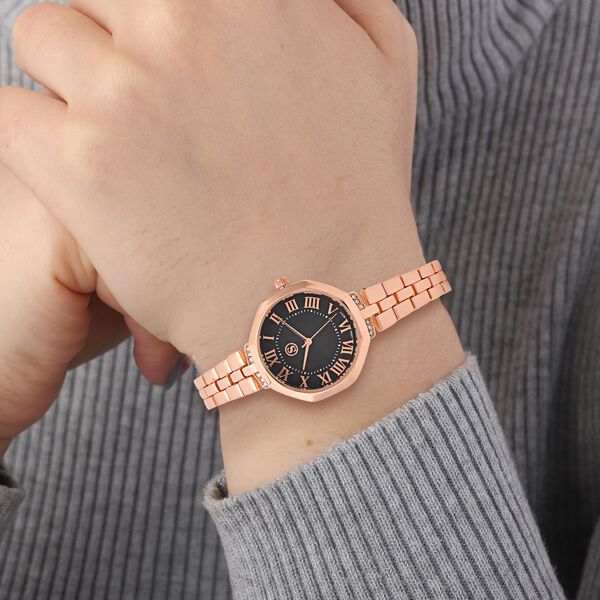 Strada - Kristall Uhr, japanisches Uhrwerk, Edelstahl in Ros&eacute;farbe, schwarz image number 3