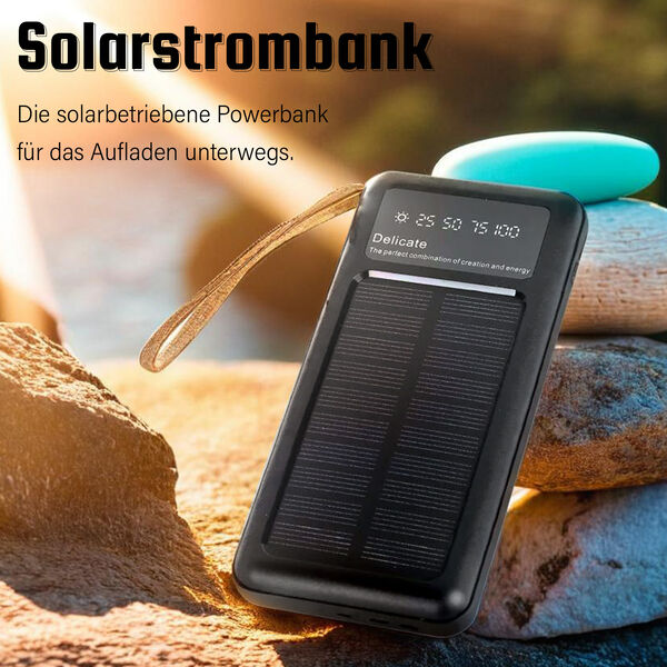 10.000mAh Solar Powerbank, multifunktional mit integrierten Kabeln und LED-Digitalanzeige, schwarz image number 1