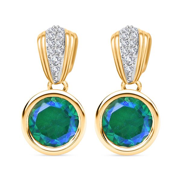 Pfau Quarz Triplette, Wei&szlig;er Zirkon Ohrringe 925 Silber 750 Gelbgold Vermeil ca. 2,89 ct.