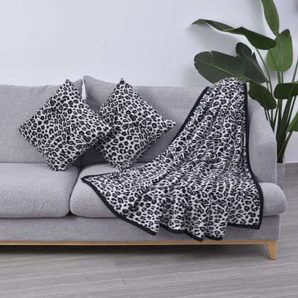 3er-Set Coral Fleece Decke und Kissenbezug, Leopardenmuster, Größe 150x200+45x45 cm, Schwarz und Weiß