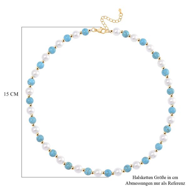 Blauer Howlit, Wei&szlig;e Muschelkernperle (7-9 mm) Halskette ca. 45 cm+ 5 cm Extender, gelb vergoldet image number 5