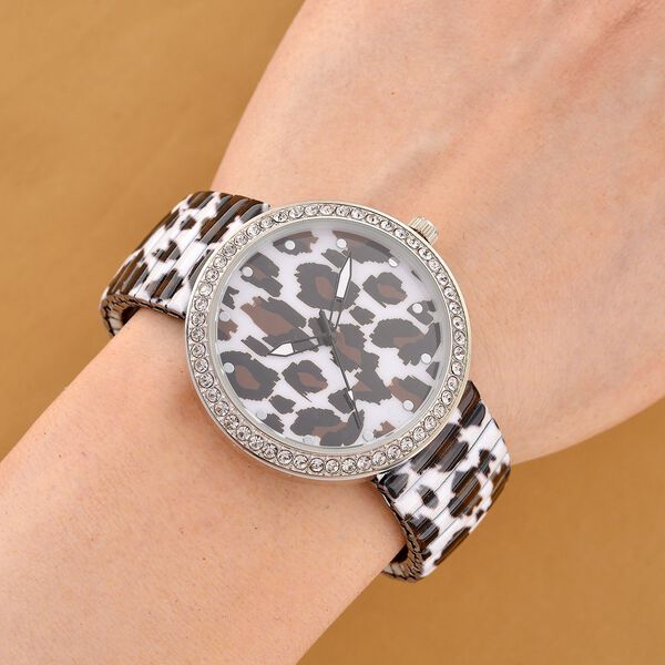 STRADA - Armbanduhr mit Leopardenmotiv, Kristall-Lünette, Japanisches Uhrwerk, Edelstahlzugband, Reiner Edelstahl image number 2