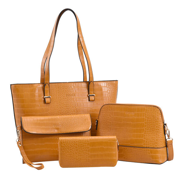 Passage - 4er-Set, Handtasche, Crossbody Tasche, Clutch und Brieftasche mit Kroko-Pr&auml;gung, Blumenmuster, Senfgelb