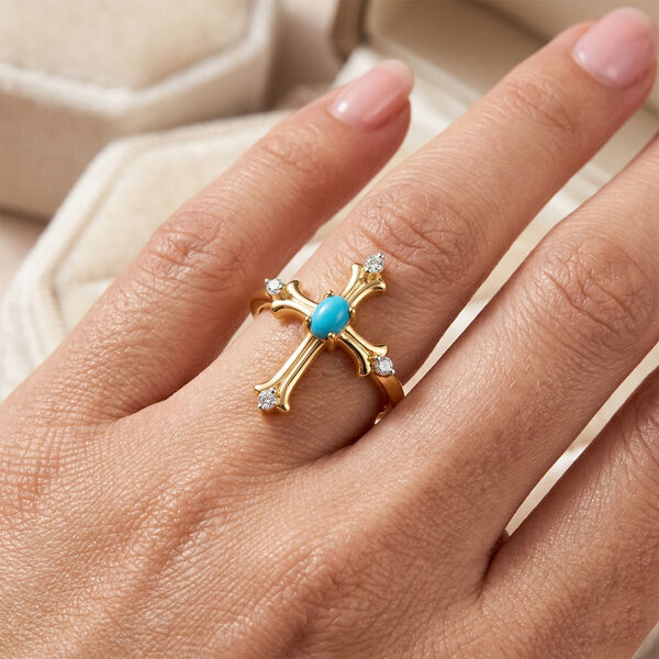 D'Joy AA Sleeping Beauty T&uuml;rkis, Wei&szlig;er Zirkon Ring 925 Silber 750 Vergoldet (Gr&ouml;&szlig;e 17.00) ca. 0,31 ct image number 2