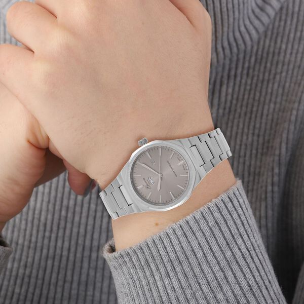 GENOA - Japanisches Uhrwerk, Graues Sonnenschliff-Zifferblatt mit Balkenindexen, Reiner Edelstahl mit Faltschließe, Bicolor, 20 cm image number 3