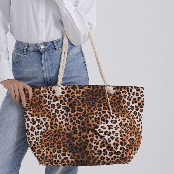 " lifestyle-Color:brown Leopard print;   Size/Profile:Set of 2 Polyester tote bag ;  Wall (exterior):Polyester,Lining (Interior):polyester  Tote bag Pockets (exterior):Zipped-1 Mini bag Pockets (exterior):zipped-1; big  size:56*36*16 cm  small size:15*12c image number 3