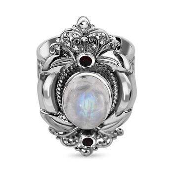 Royal Bali Kollektion - Regenbogen-Mondstein, roter Granat Ring, 925 Silber (Gr&ouml;&szlig;e 16.00) ca. 7.12 ct