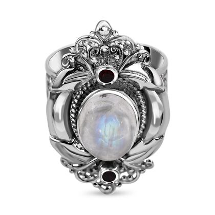Royal Bali Kollektion - Regenbogen-Mondstein, roter Granat Ring, 925 Silber (Gr&ouml;&szlig;e 16.00) ca. 7.12 ct