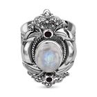 Royal Bali Kollektion - Regenbogen-Mondstein, roter Granat Ring, 925 Silber (Größe 16.00) ca. 7.12 ct