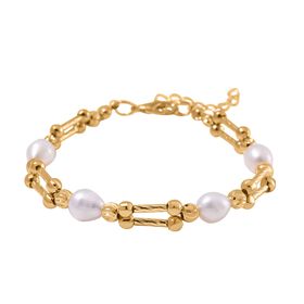 Weiße Süßwasser Perle Armband ca. 18 cm + 5 cm Extender, Standard gelb vergoldet