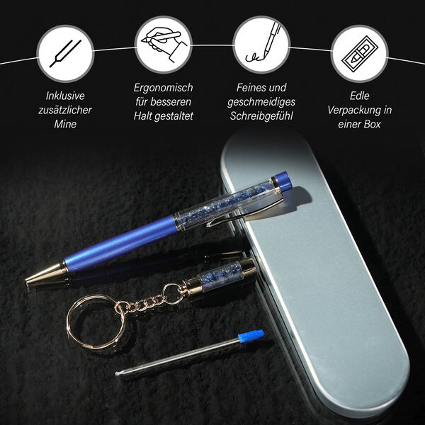 Premium Kollektion - Echter blauer Saphir-Kugelschreiber mit extra Mine und Schlüsselanhänger image number 4