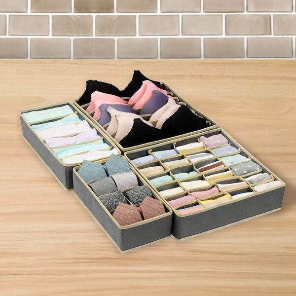 4er-Set Unterw&auml;sche-Aufbewahrungsboxen, Gr&ouml;&szlig;e: 28x14 cm 32x15 cm, 32x32 cm, 30x16 cm und 32x31,5 cm, Grau image number 0