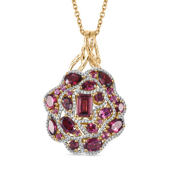 GP Italienische Garten Kollektion - Nat&uuml;rlicher Rhodolith Granat Schmuckset 925 Silber rhodiniert, 925 Silber Rhodiniert und 750 Gelbgold Vermeil ca. 8.07 ct