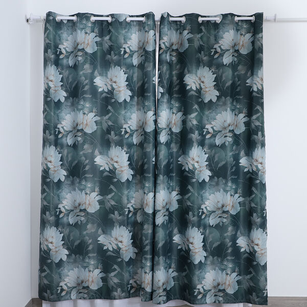 2er-Set - Verdunkelungsvorh&auml;nge mit 8 Metallringen, Blumenmuster, Dunkelgr&uuml;n-Schwarz und Wei&szlig;&nbsp;