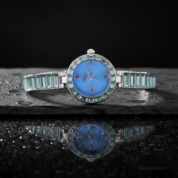 GENOA Time V2, Aquamarin-farbene Zirkonia, Kristalluhr, japanisches Uhrwerk, 316L Edelstahl, Blau image number 2
