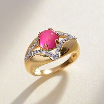 Mondlicht und Bl&uuml;te - Maulbeer Mondstein, Wei&szlig;er Zirkon Ring, 925 Silber 750 Gelbgold Vermeil (Gr&ouml;&szlig;e 20.00) ca. 2.76 ct