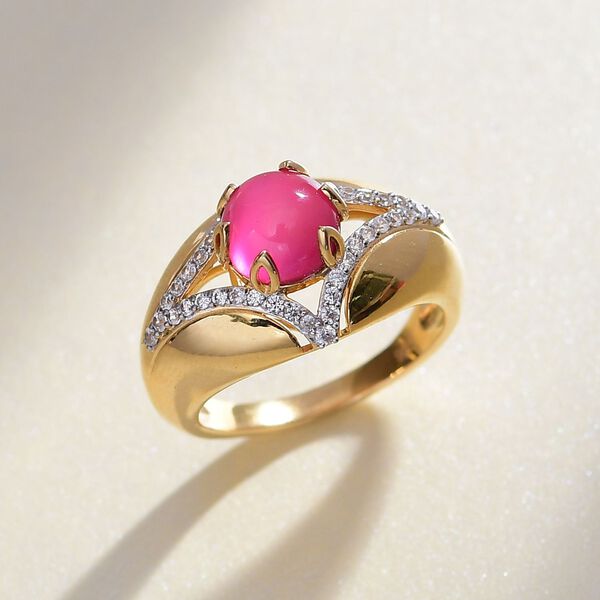 Mondlicht und Bl&uuml;te - Maulbeer Mondstein, Wei&szlig;er Zirkon Ring, 925 Silber 750 Gelbgold Vermeil (Gr&ouml;&szlig;e 20.00) ca. 2.76 ct image number 1