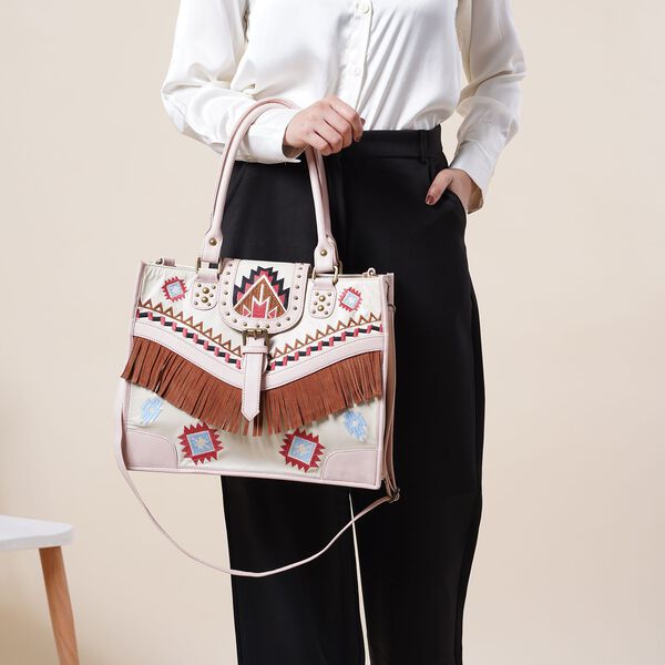 Handgefertigte Umhängetasche aus Echtleder mit Stickerei, Fransen und geometrischem Muster, Magnetverschluss, 28x24x18cm, Crème image number 2