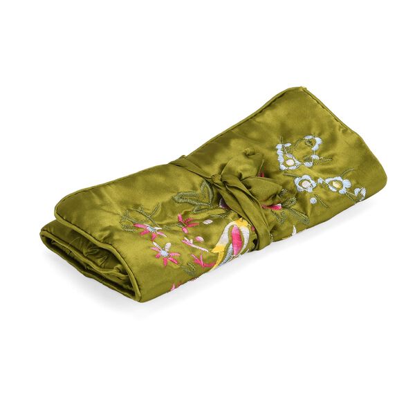 Reise-Schmuckrolle mit Stickmuster, 1 Organizer + 5 Weinrote Silberputzt&uuml;cher, Satin, Olivgr&uuml;n image number 7