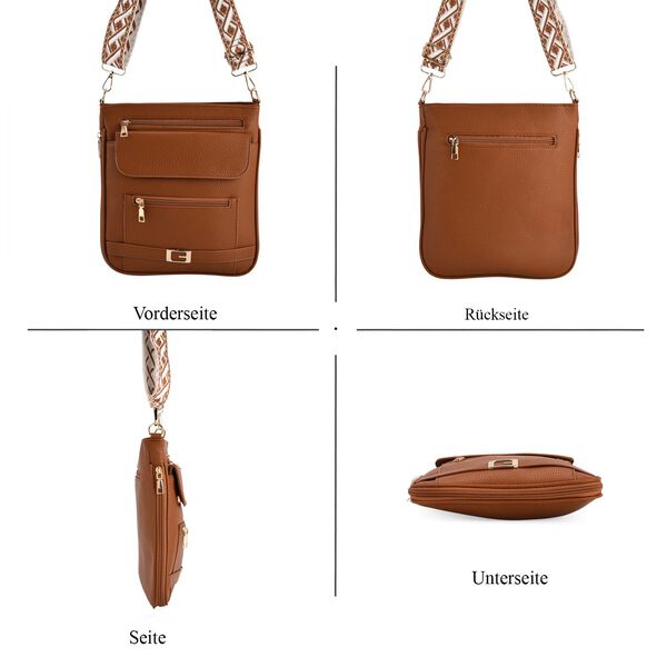 Crossbody-Tasche mit gewebtem Schulterriemen und Reißverschlussfächern, 24x28 cm, Braun image number 5