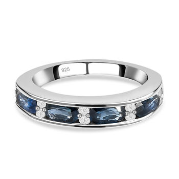 Ozean-gr&uuml;ner Saphir, Wei&szlig;er Zirkon Ring 925 Silber platiniert (Gr&ouml;&szlig;e 16.00) ca. 1,52 ct