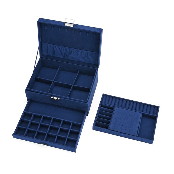 3-schichtige Schmuckbox aus Samt mit 5 Silberputztüchern in Dunkelblau, 24,5x17x11,5cm image number 6