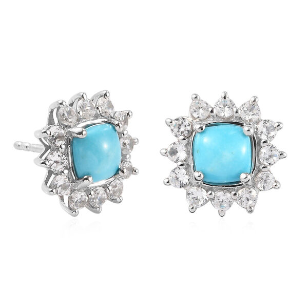 Natürliche Sleeping Beauty Türkis und Zirkon Halo Ohrstecker in Silber, 2,85 ct. image number 4