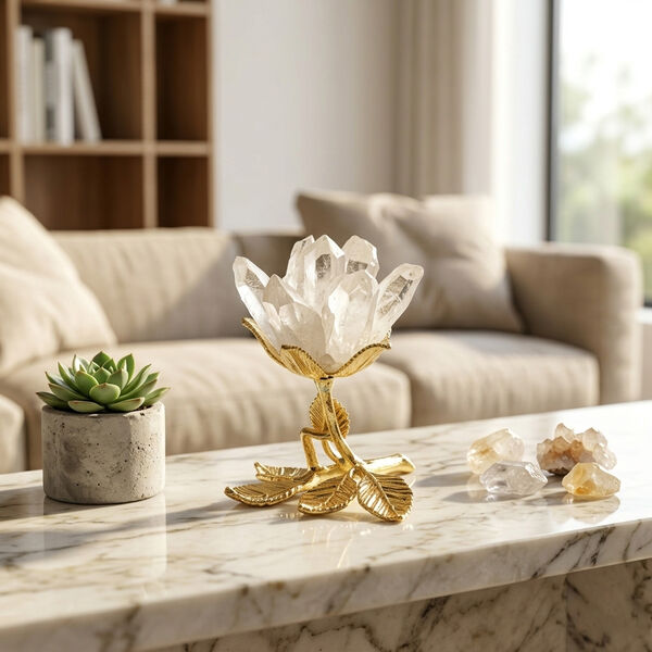 Kristallbl&uuml;ten Dekofigur mit goldfarbenem Metallsockel, Wei&szlig; image number 1