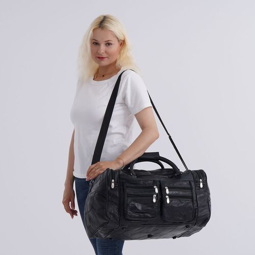 Patchwork Reisetasche aus Schafleder, mit vielen Außentaschen, 51×29×28 cm, Schwarz image number 1