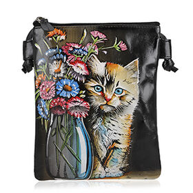 VIVID by SUKRITI Handbemalte Umhängetasche aus echtem Leder, Schwarz, 15,75x19,80cm, Katze mit blumentopf-Muster