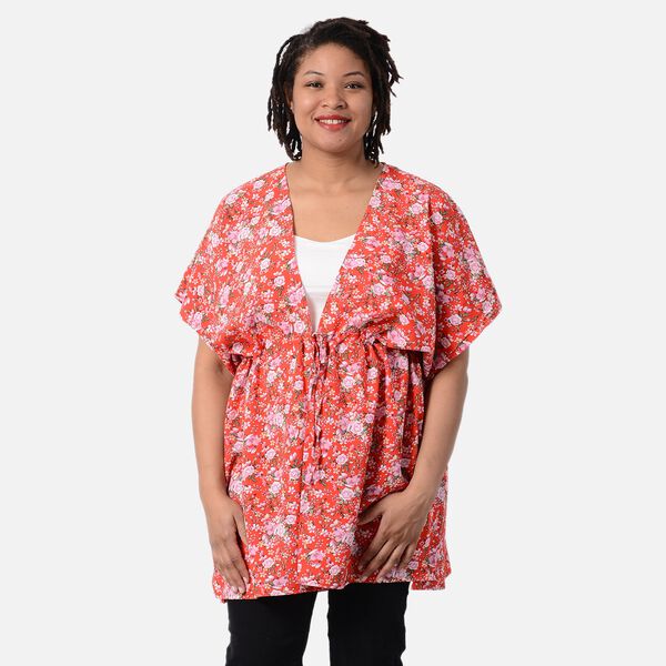 Kimono mit G&uuml;rtel, Blumenmuster, Rot, Einheitsgr&ouml;&szlig;e