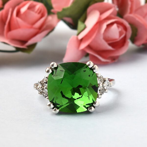 LUSTRO STELLA Österreichischer Moosgrüner dunkler und weißer Kristall Solitär Ring 925 Silber Platin-Überzug image number 2