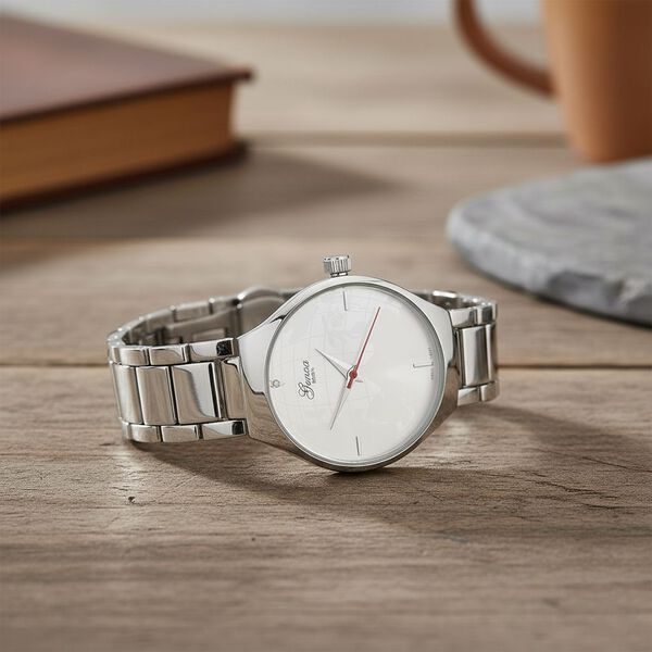 GENOA - Wei&szlig;er Diamant Uhr mit Japanisches Uhrwerk, 3 ATM Wasserdicht, 316L Edelstahl, Silber image number 1