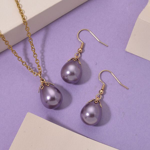 Lila Muschelkernperle Schmuckset Messing und Edelstahl image number 2