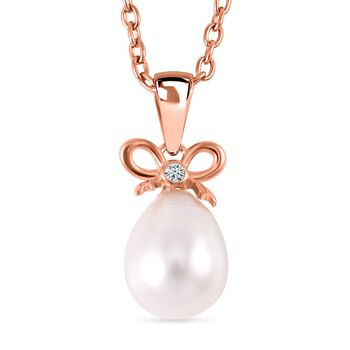 Wei&szlig;e S&uuml;&szlig;wasser Perle, Wei&szlig;er Zirkonia Anh&auml;nger mit Kette, 925 Silber ros&eacute;vergoldet