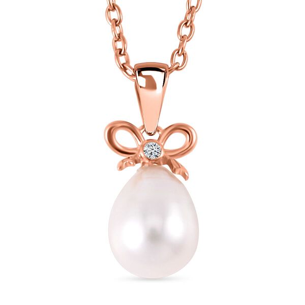 Wei&szlig;e S&uuml;&szlig;wasser Perle, Wei&szlig;er Zirkonia Anh&auml;nger mit Kette, 925 Silber ros&eacute;vergoldet