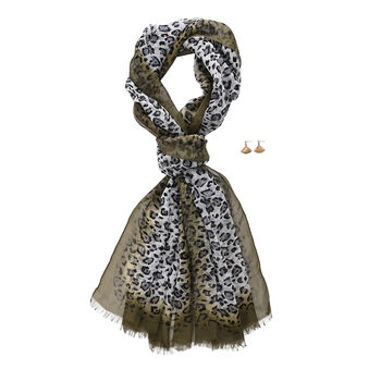 LA MAREY Signature Set mit Seidenschal und Seidentropfen-Ohrringen, 100% Maulbeerseide, 65 x 170 cm, Grau Wei&szlig; mit Olivgr&uuml;n