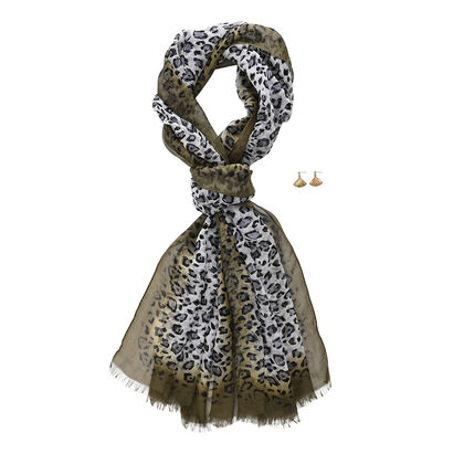 LA MAREY Signature Set mit Seidenschal und Seidentropfen-Ohrringen, 100% Maulbeerseide, 65 x 170 cm, Grau Wei&szlig; mit Olivgr&uuml;n