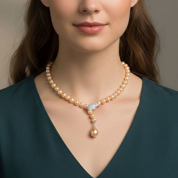 Goldene 8mm Muschelkernperle und wei&szlig;e Zirkonia 60cm Halskette image number 3