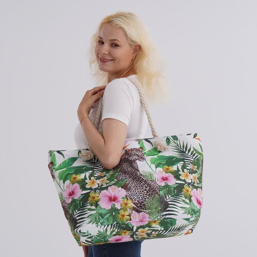  lifestyle-Color:flower with leopard ;  Size/Profile:tote bag; Wall (exterior):Polyester,Lining (Interior):polyester  Pockets (exterior):Zipped-1;Pockets (interior):slip-1;Measurement (inches):15.95*7.08*14.96inch;  Closure Type: zipped; Hardware Type: Me image number 1
